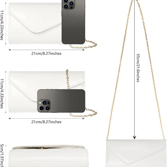 White leather envelope clutch purse with chain strap, elegant evening bag - Picture 6 of 7